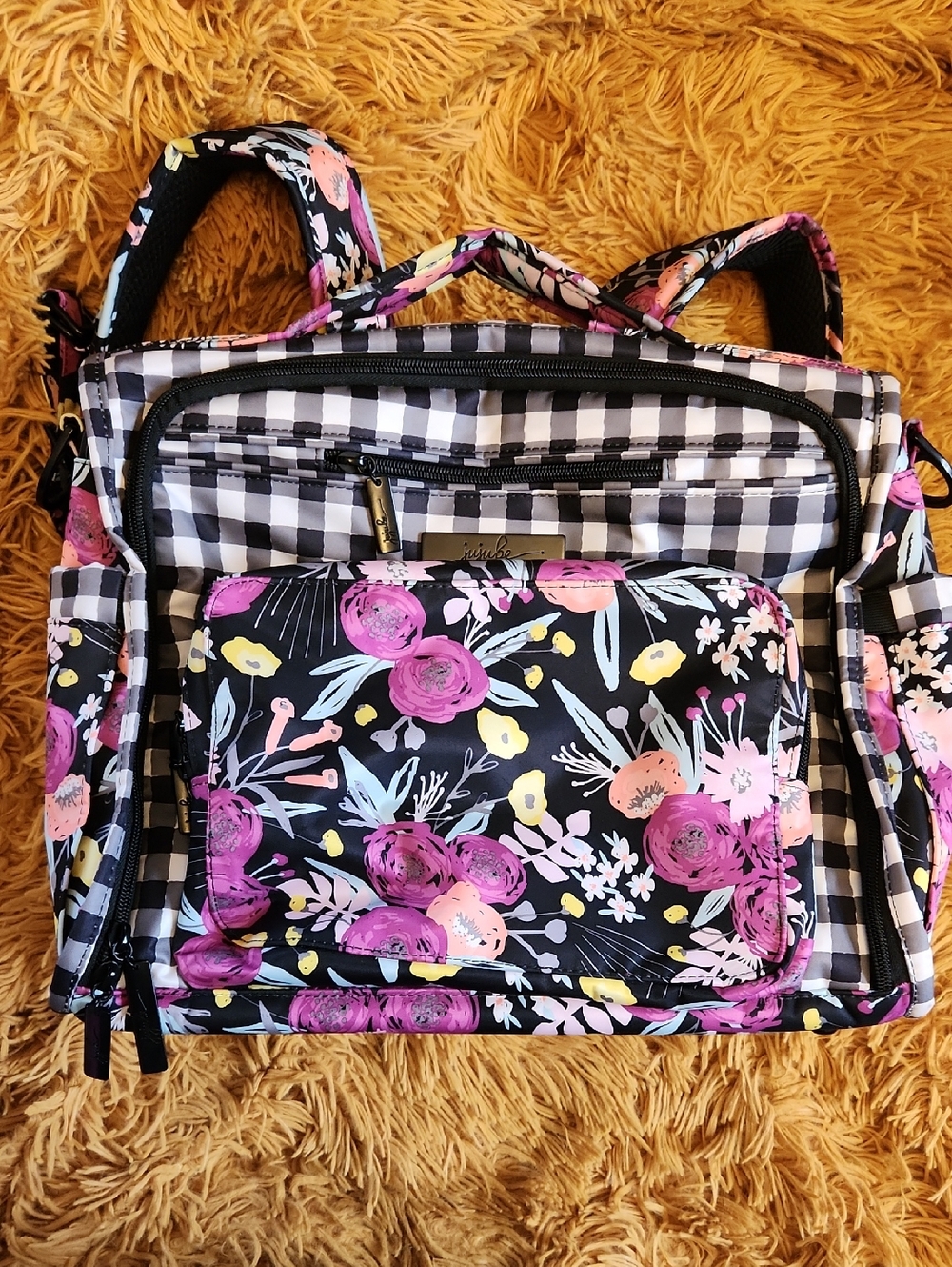 Jujube Floral Black Check Convertible Backpack Shoulder Bag Diaper Bag